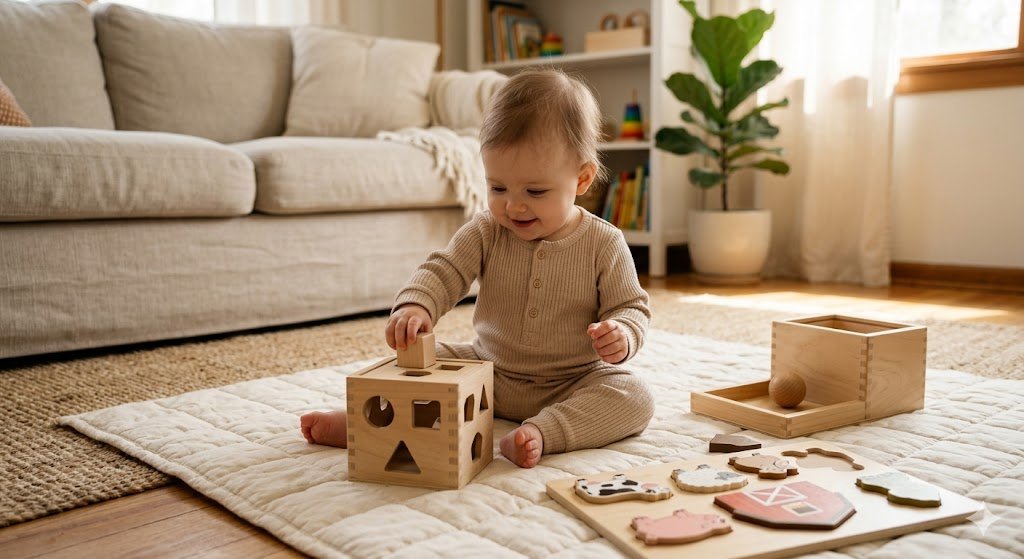 best toys for 9-12 month old babies baby playing with shape sorter and wooden puzzles on a cozy play mat
