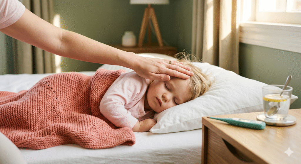 Mother gently checking toddler's forehead for fever while child sleeps on coral blanket