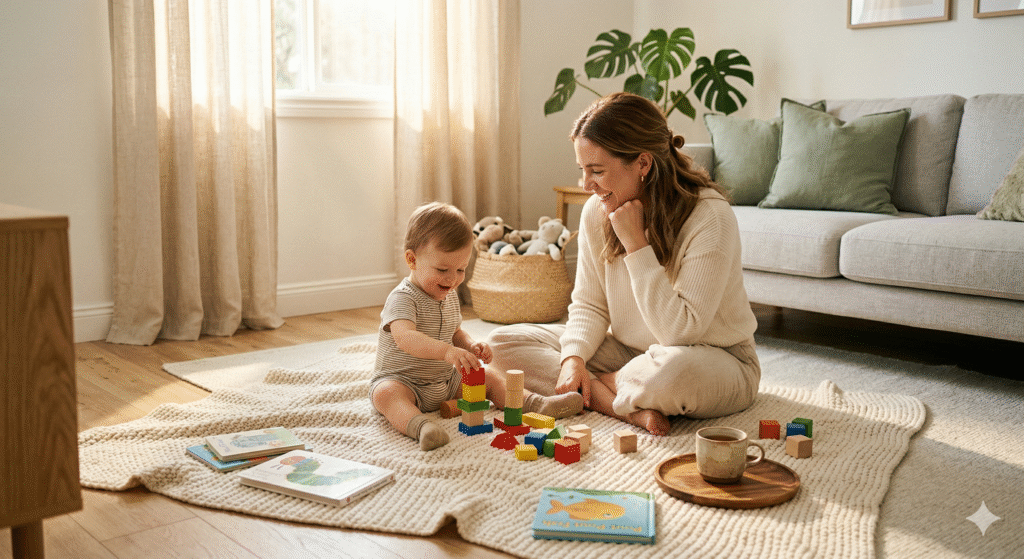 Mother sitting on the floor with her toddler watching an ant together — a simple moment of slow motherhood