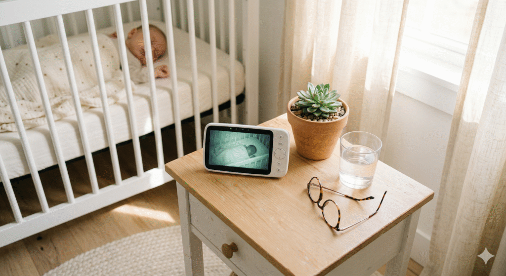 baby monitor on wooden nightstand next to crib in warm morning light nursery with cream curtains and sleeping baby