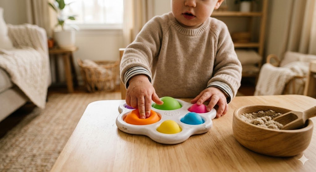 Toddler pressing colorful silicone bubbles on a sensory toy for toddlers at a wooden table with kinetic sand nearby