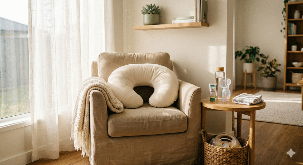 A cozy sunlit nursing corner with a nursing pillow on an armchair and breastfeeding essentials on a side table