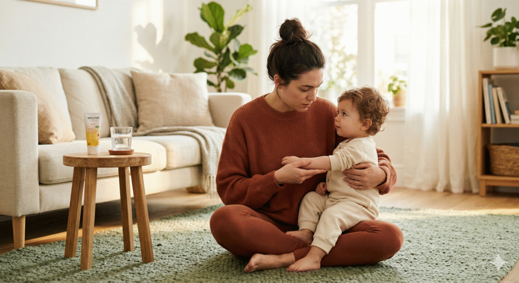Mother gently examining her toddler's arm while sitting together on a green rug in a bright living room
