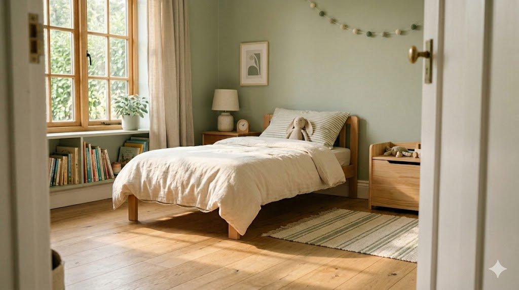 A bright toddler bedroom in early morning light with a small step stool next to the sink, representing a daily routine chart setup for toddlers