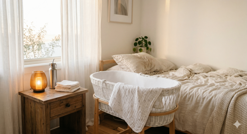 A cozy bedside newborn station with bassinet, dim amber night light, water bottle, and burp cloths in soft morning light — everything a new mom needs within arm's reach during the first week