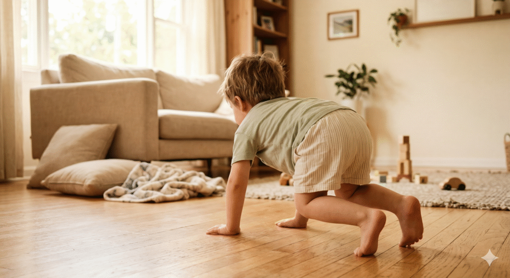 Young child doing a bear walk across a sunny living room floor during a no-equipment physical activity