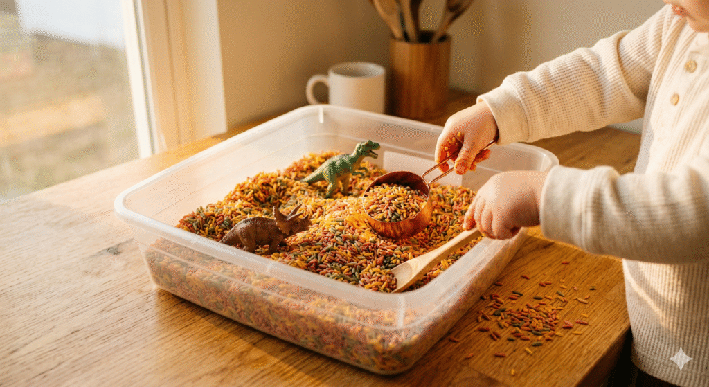 Sensory bins for toddlers — colorful rice bin with dinosaur toys and wooden scoop on a sunny kitchen table