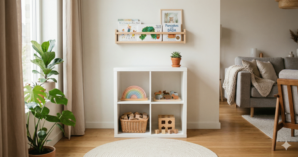 Small Montessori playroom setup in a living room corner with low shelf, wooden toys, and book display for toddlers