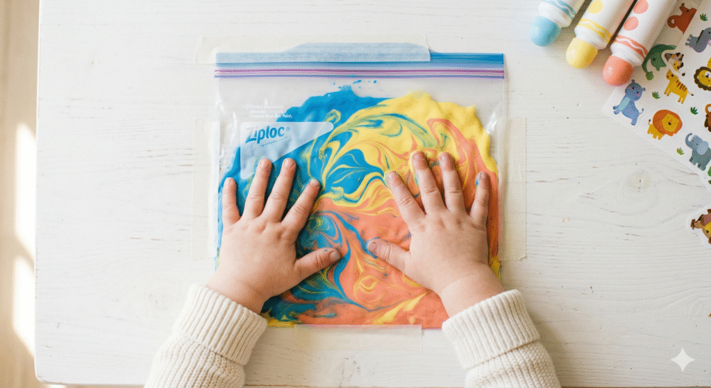 Toddler hands squishing colorful paint inside a sealed zip-top bag on a white table — a mess-free art activity for ages 1 to 3