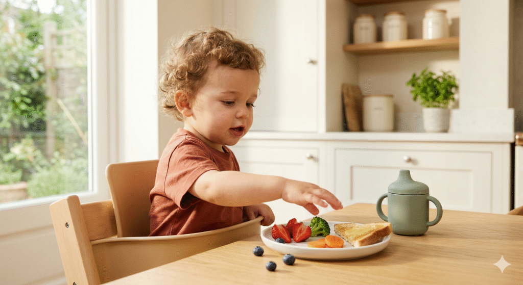 Toddler sitting in a high chair reaching curiously toward a colorful plate of food — picky eater strategies for ages 1 to 4