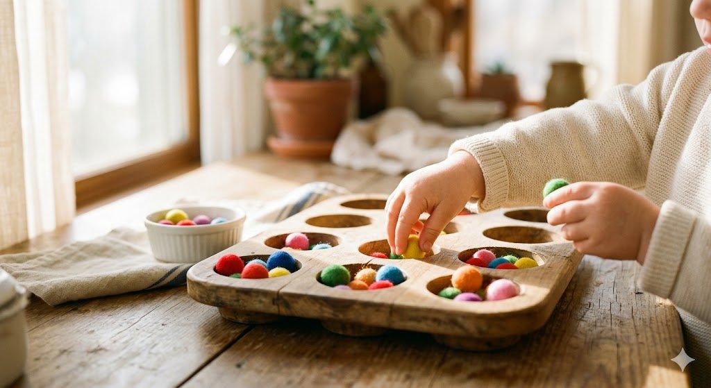 Toddler hands sorting colorful pom poms into a wooden tray — a simple screen-free activity for ages 1-3