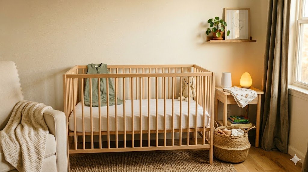 Cozy nursery with natural wood baby crib, sage green sleep sack, white noise machine, amber night light, and warm taupe blackout curtains — essential baby sleep products for newborns through toddlers