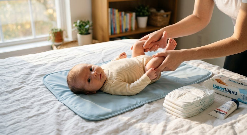 mother's bare hands gently changing newborn baby in yellow striped bodysuit on light blue changing pad with diapers and wipes in warm afternoon window light