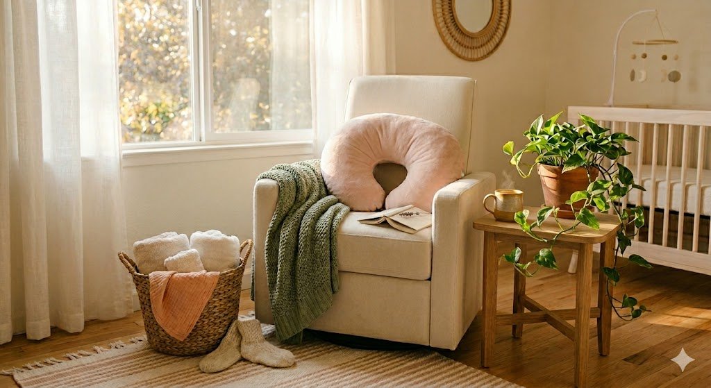 Cozy postpartum recovery corner in a sunlit bedroom with cream glider chair, sage green throw blanket, nursing pillow, herbal tea, and woven basket — a peaceful self-care sanctuary for new moms