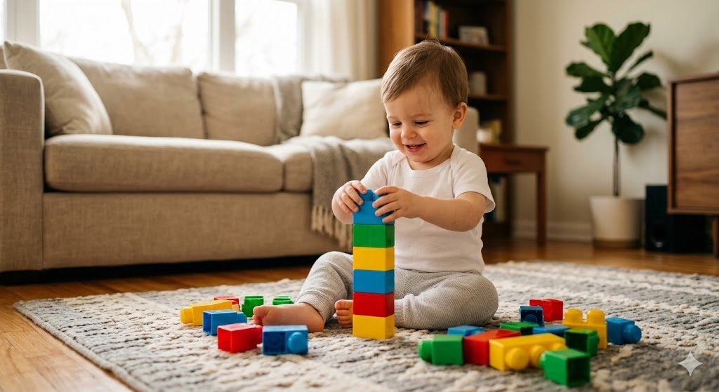 best toys for 1-2 year old toddler stacking colorful building blocks on a play mat in a cozy living room
