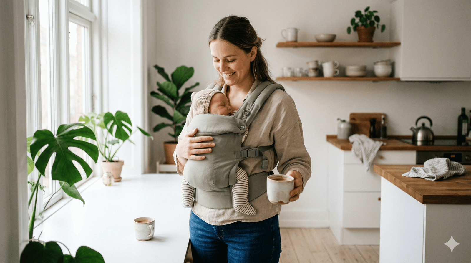 Mother wearing newborn baby in a soft structured carrier in a bright kitchen — best baby carriers 2026 guide