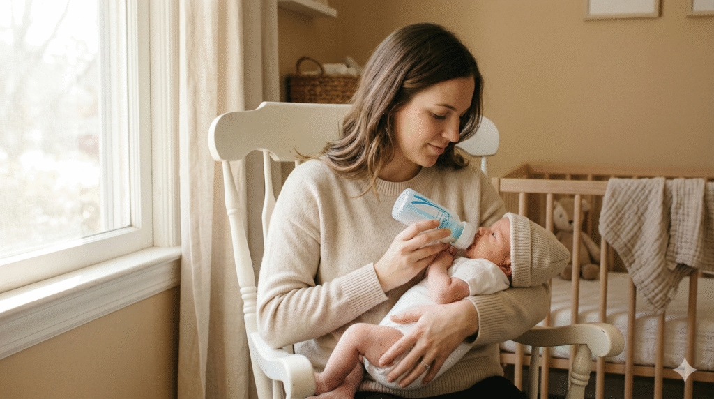 Mother feeding newborn baby with Dr Brown's anti-colic bottle in cradle hold position