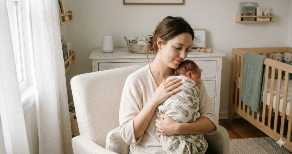 Mother patting sleeping newborn in white nursery with white noise machine on dresser