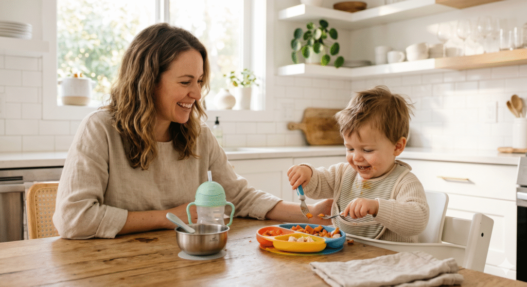 Toddler boy self-feeding with a fork from a suction plate while his mom watches — best toddler plates bowls and utensils for independent eating
