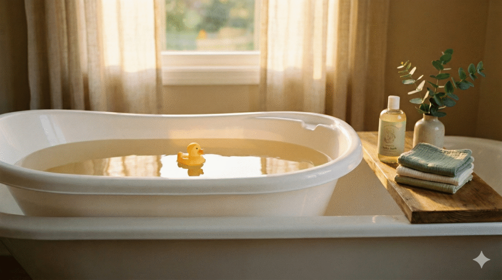 A cozy baby bath setup with a white bathtub, hooded bear towel, rubber duck, and bath essentials in warm golden light