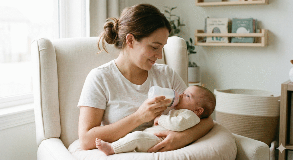 Mother bottle-feeding her baby in a sunlit nursery - baby formula guide 2026