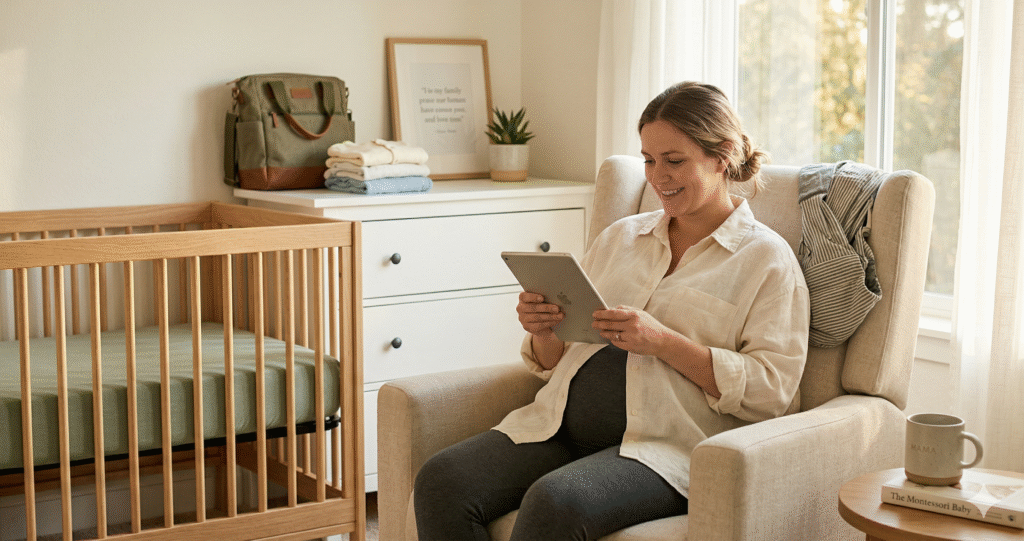 pregnant woman sitting in nursery glider reviewing baby registry checklist surrounded by baby essentials in bright white nursery with warm natural light