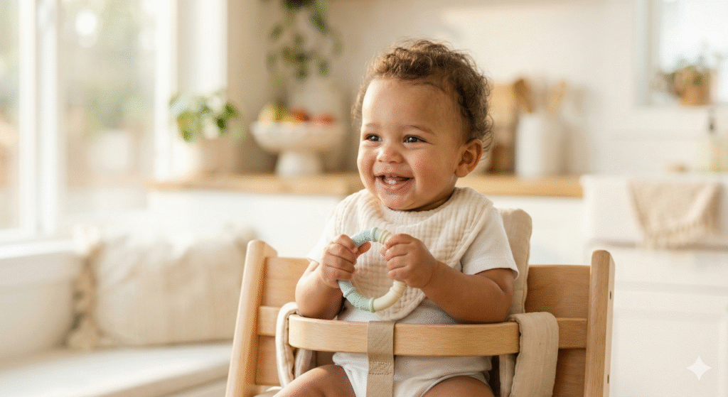 Baby teething timeline: smiling baby with first two teeth holding a teething ring in a bright kitchen