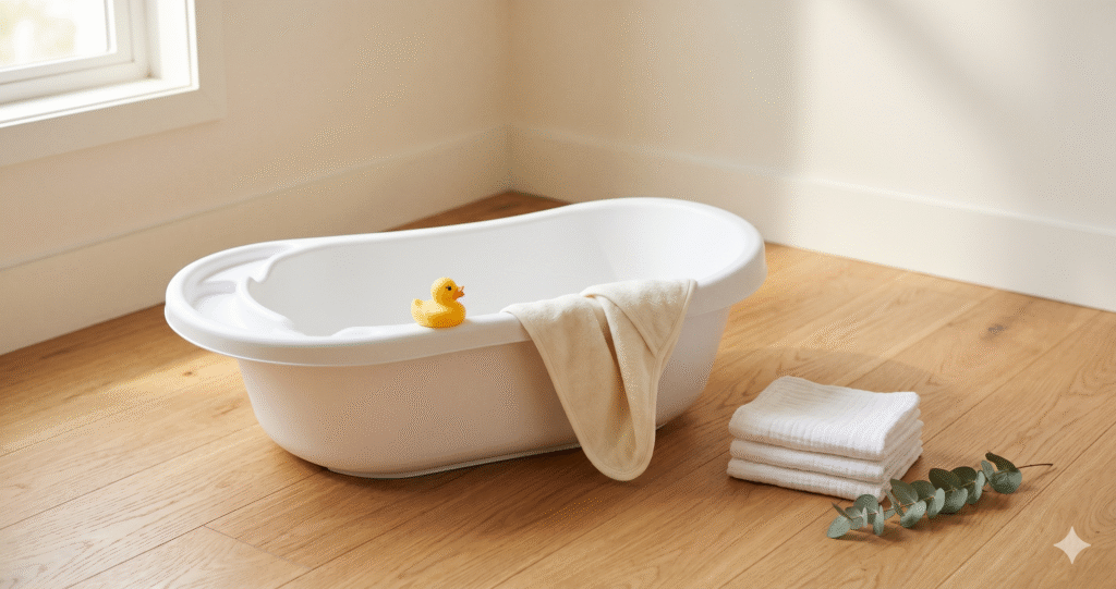 Modern white baby bathtub on hardwood floor with cream baby towel and rubber duck — best baby bathtubs 2026 guide