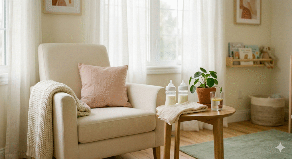 Cozy nursing station with baby bottles and warm natural light — the best baby bottles for new moms in 2026