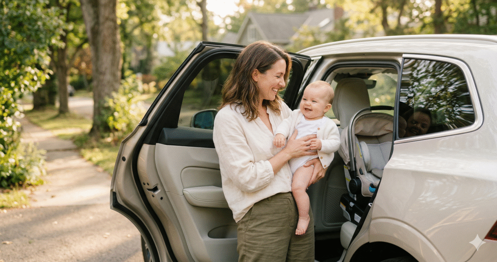 Mother buckling her baby into a rear-facing infant car seat in the back seat of an SUV, warm natural sunlight