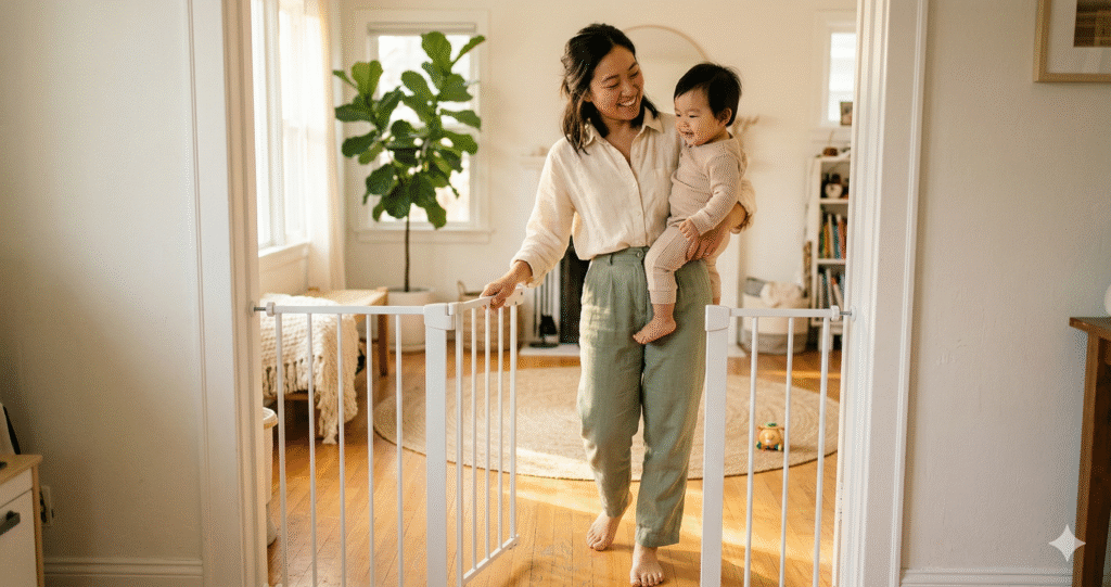 Mother holding baby while opening a white hardware-mounted baby gate in a bright home hallway