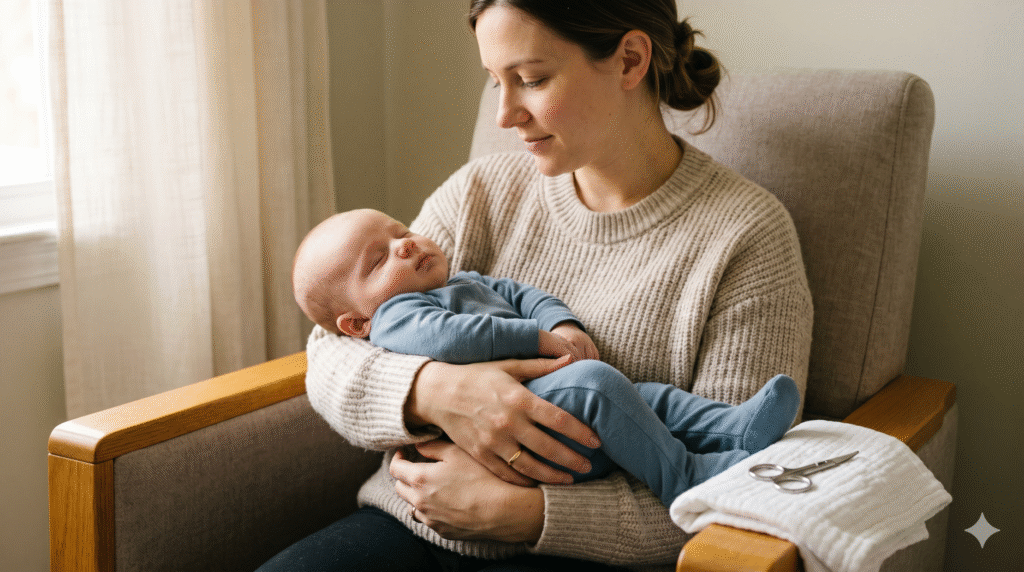Mother holding sleeping baby with baby nail scissors resting on chair armrest — best baby grooming kit essentials