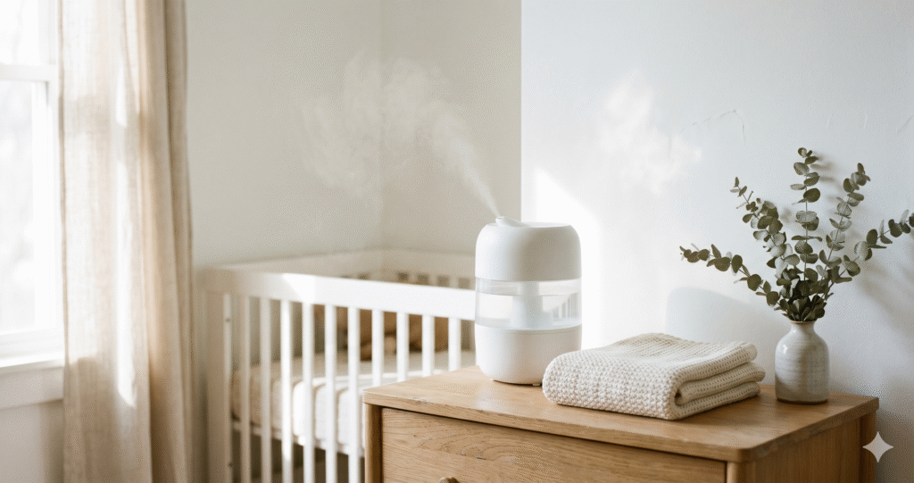 Cool mist humidifier on a dresser in a bright, naturally lit baby nursery, with the corner of a crib softly visible in the background