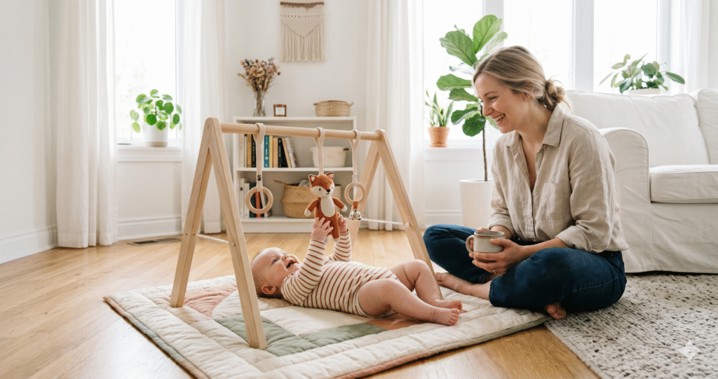 Baby lying on a play gym reaching for hanging toys while mother sits beside her in a bright living room