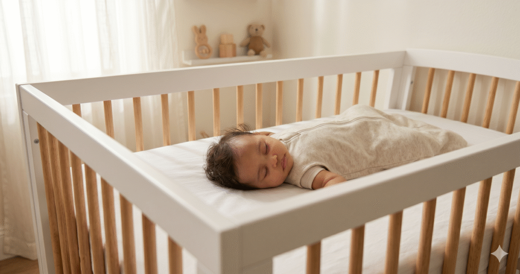 Baby sleeping peacefully in an oatmeal sleep sack on a bare crib mattress with fitted sheet - best baby sleep sacks 2026 guide