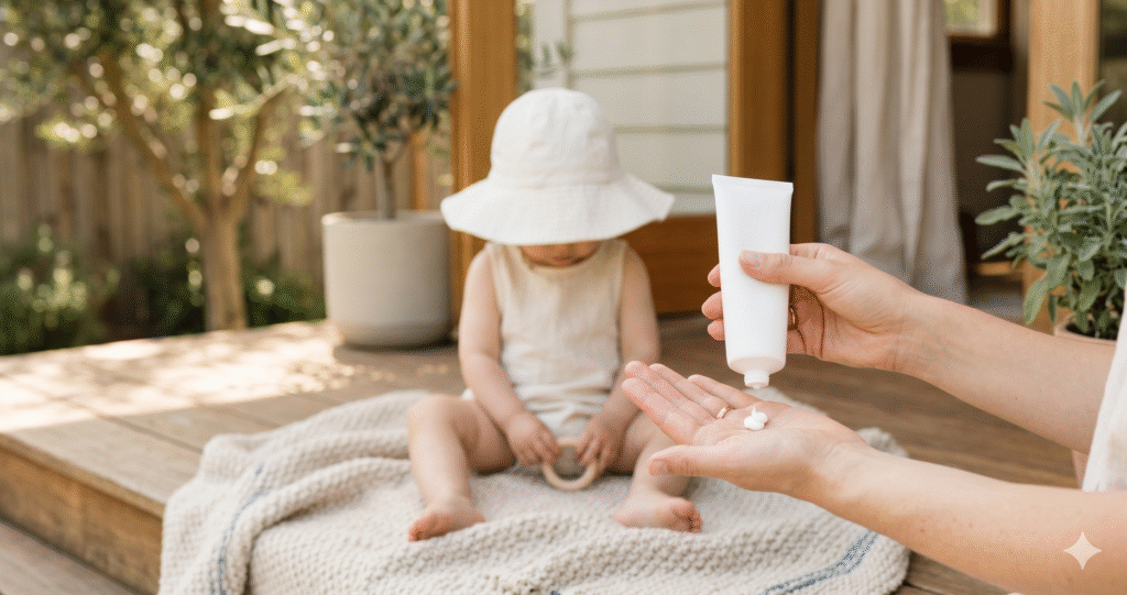 Mother's hand squeezing mineral zinc oxide baby sunscreen onto her palm on a sunny porch, with a toddler in a white sun hat sitting on an oatmeal knit blanket nearby