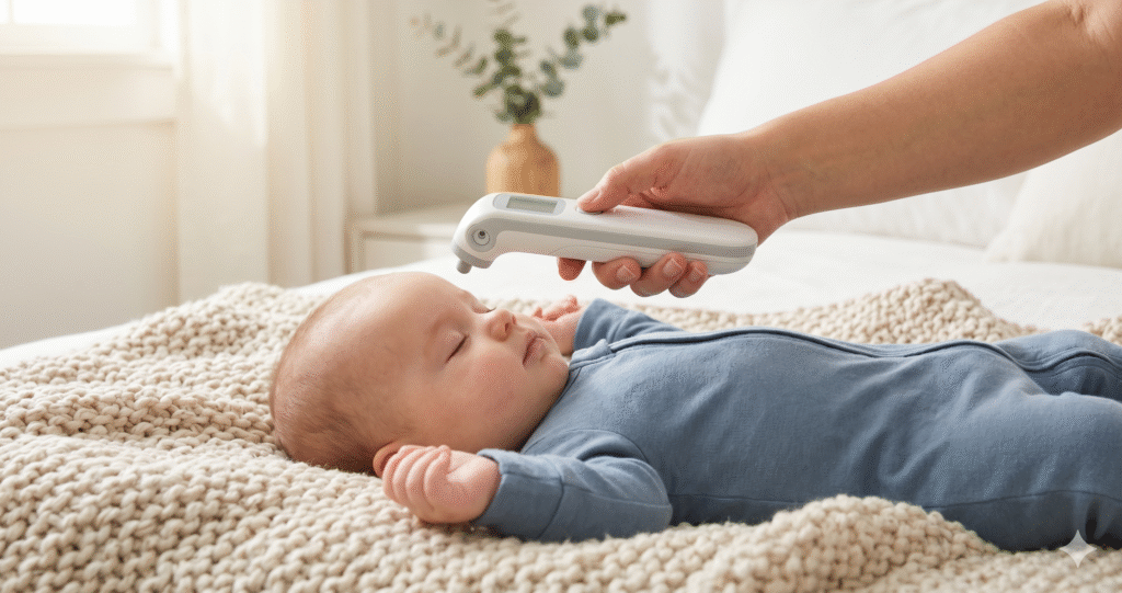 Mother gently checks infant's forehead temperature with a digital thermometer on an oatmeal knit blanket
