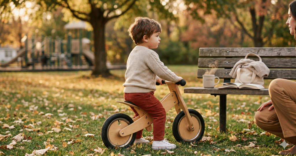 Toddler boy on a balance bike at a sunlit park, mom watching nearby with coffee