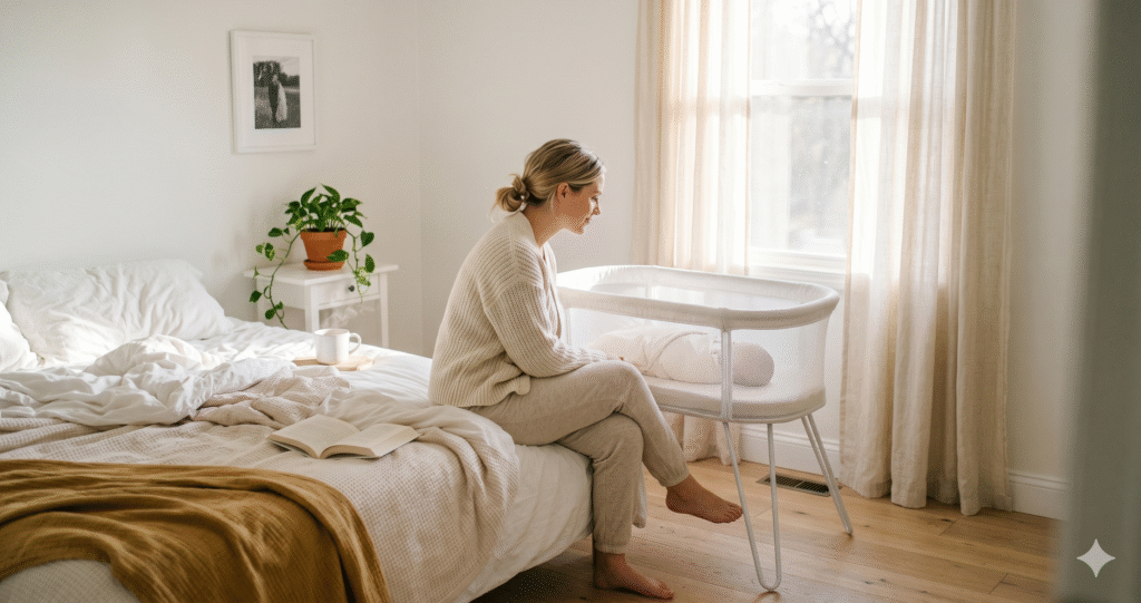Mother gazing peacefully at sleeping baby in modern bedside bassinet at golden hour, bright airy bedroom with morning coffee