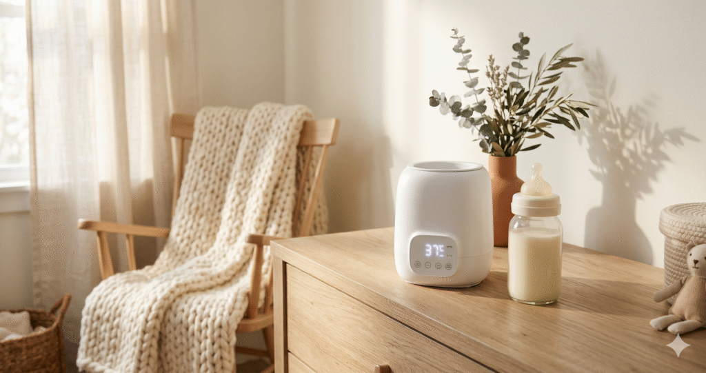 White electric bottle warmer on oatmeal-colored wooden dresser in morning-lit nursery corner, with filled baby bottle beside it, cream knit blanket and linen curtains in background