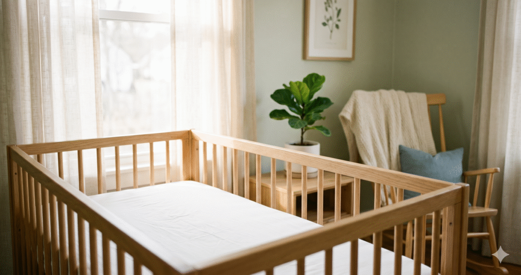 Empty white crib with fitted sheet in a sunlit nursery showing a safe sleep setup following AAP guidelines for best crib mattress safety