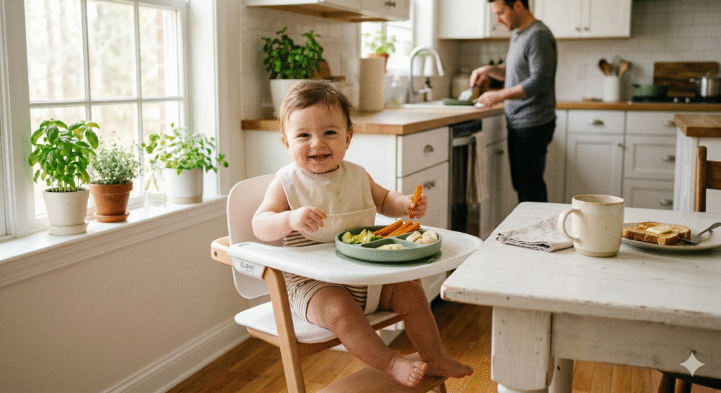 Best high chairs for baby-led weaning — baby sitting in a high chair ready for finger foods