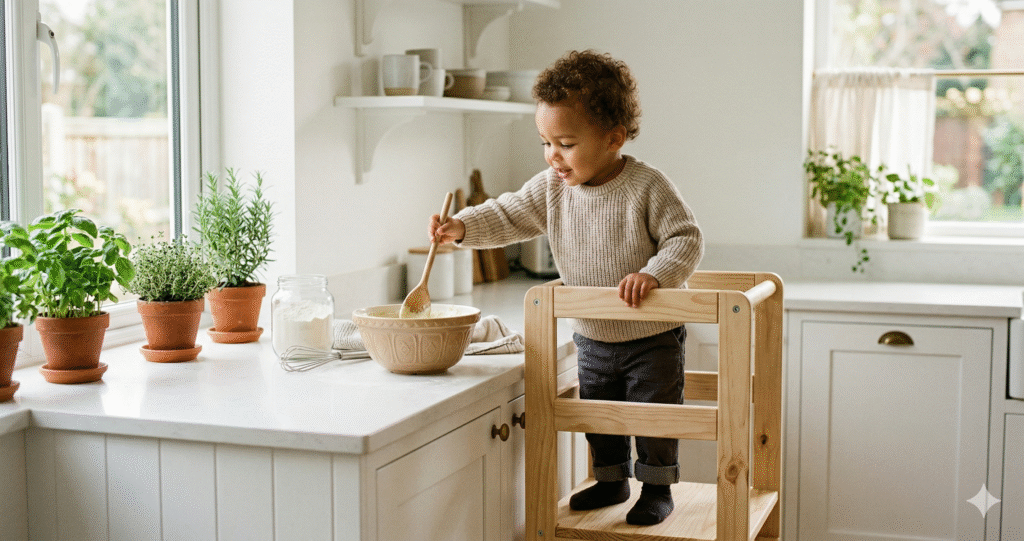 Toddler standing in a wooden learning tower at a white kitchen counter, reaching for a mixing bowl