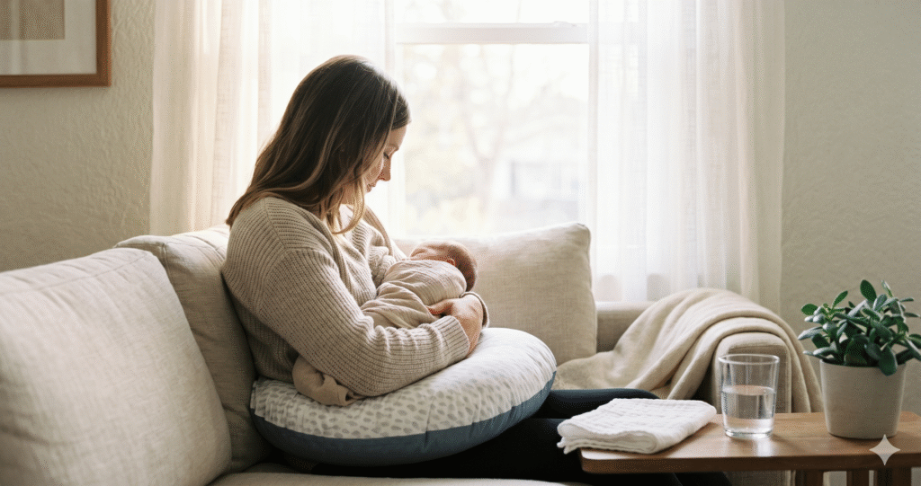 Mother breastfeeding newborn on beige linen sofa with wraparound nursing pillow, natural morning light — best nursing pillows 2026