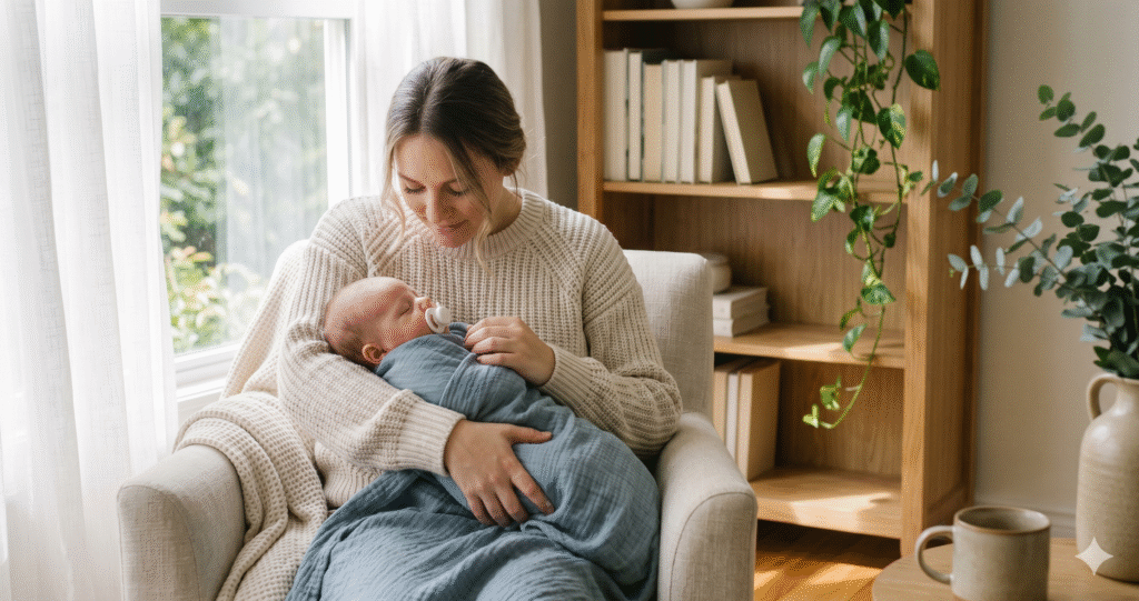 Mom in oatmeal knit sweater cradling sleeping newborn with white pacifier, soft natural light and cream muslin backdrop