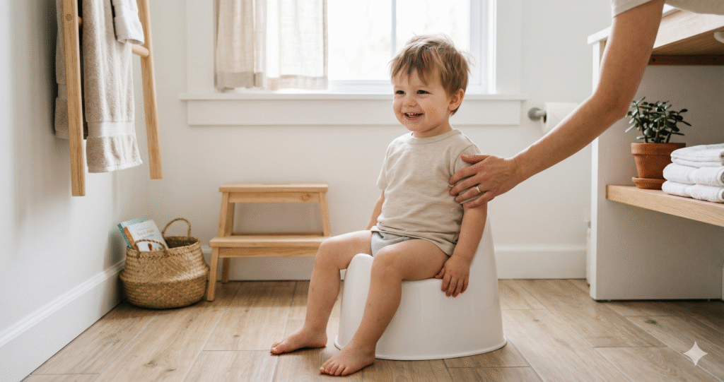 Toddler sitting on a potty training seat in a bright white bathroom with a parent nearby, natural morning light