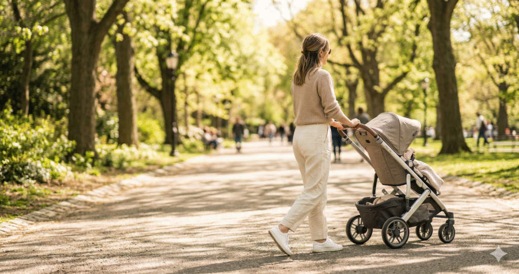Best strollers 2026 — mother pushing a modern stroller on a sunny park path