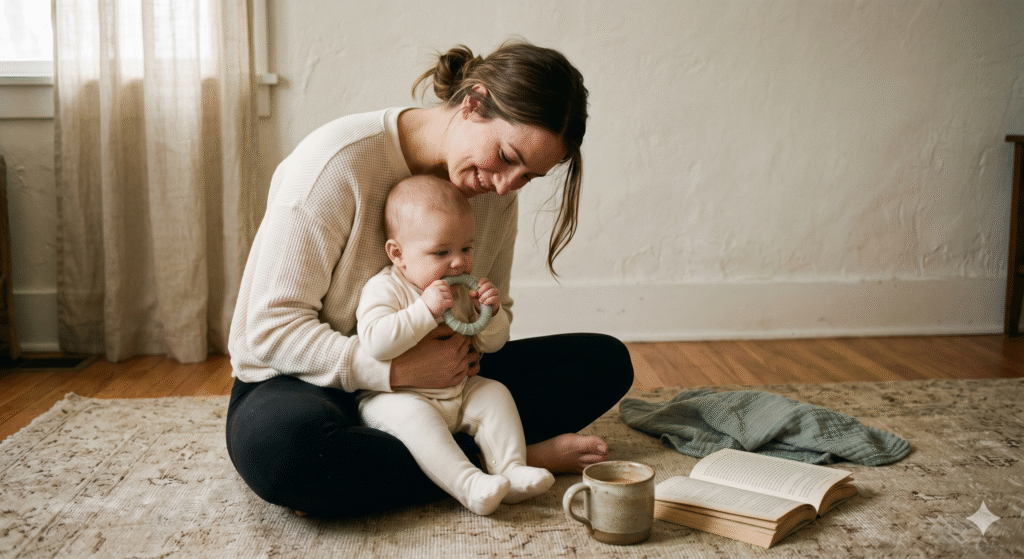 Mom in cream waffle-knit sweater holding her baby in soft sage-green knit, with a sage-green silicone teething ring on a linen-covered table — Magnolia Journal editorial style
