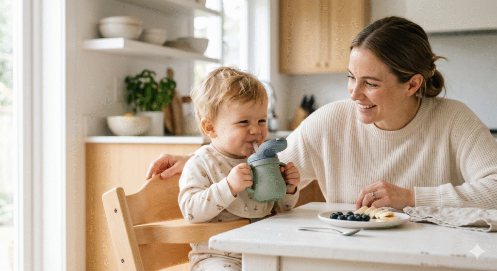 Toddler boy happily drinking from a straw sippy cup at a bright kitchen table while his mother smiles at him