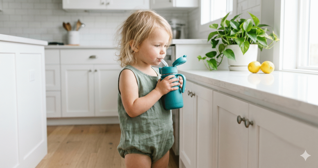 Toddler standing in a bright white kitchen holding a teal stainless steel water bottle with a flip-top straw lid, best toddler water bottles 2026